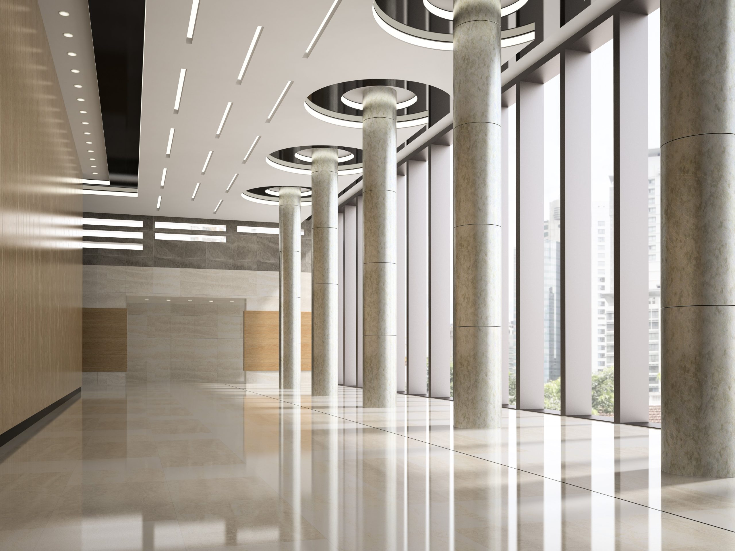 Hotel lobby with security camera installation.