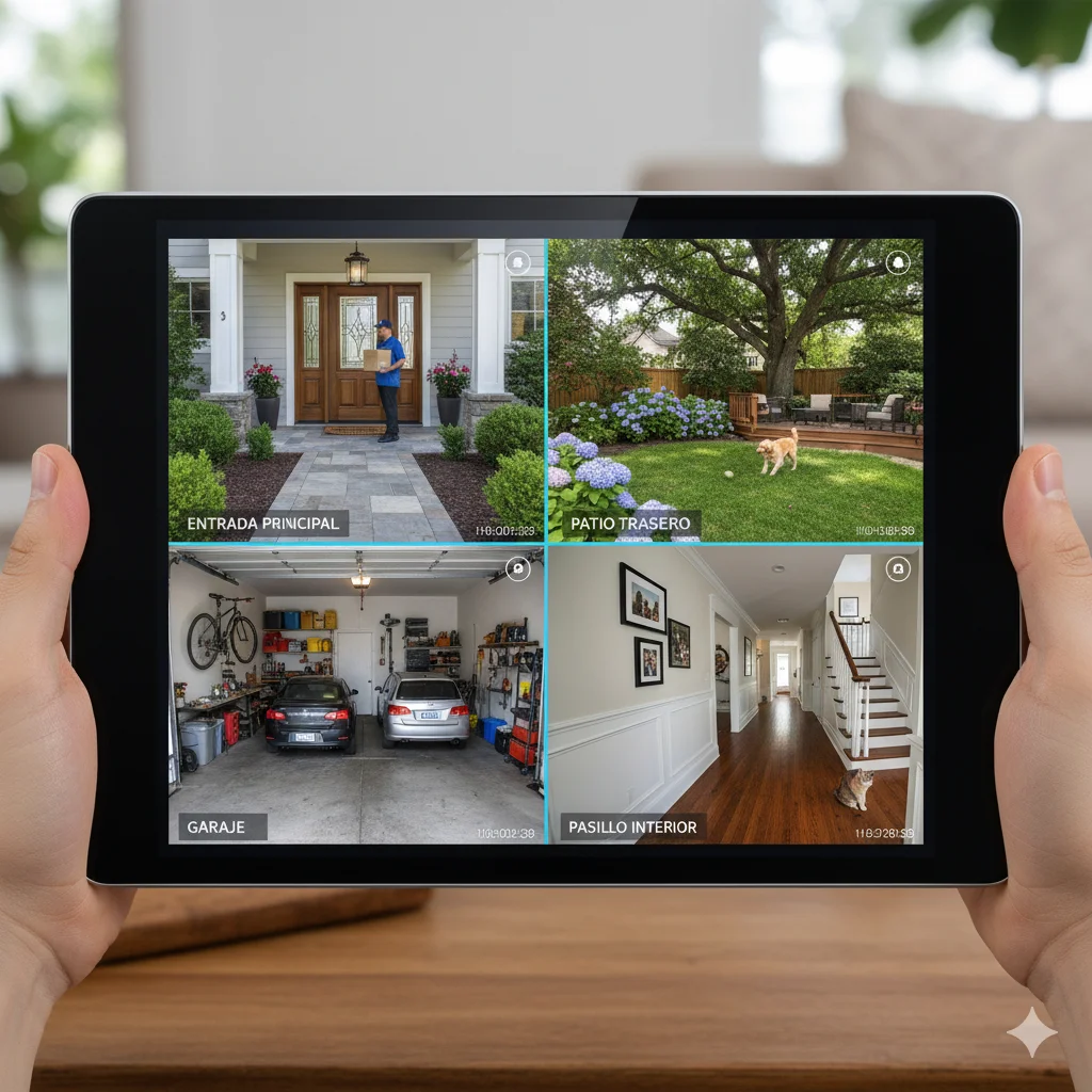Tablet displaying multi-view home security camera footage: front door, backyard, garage, and hallway.